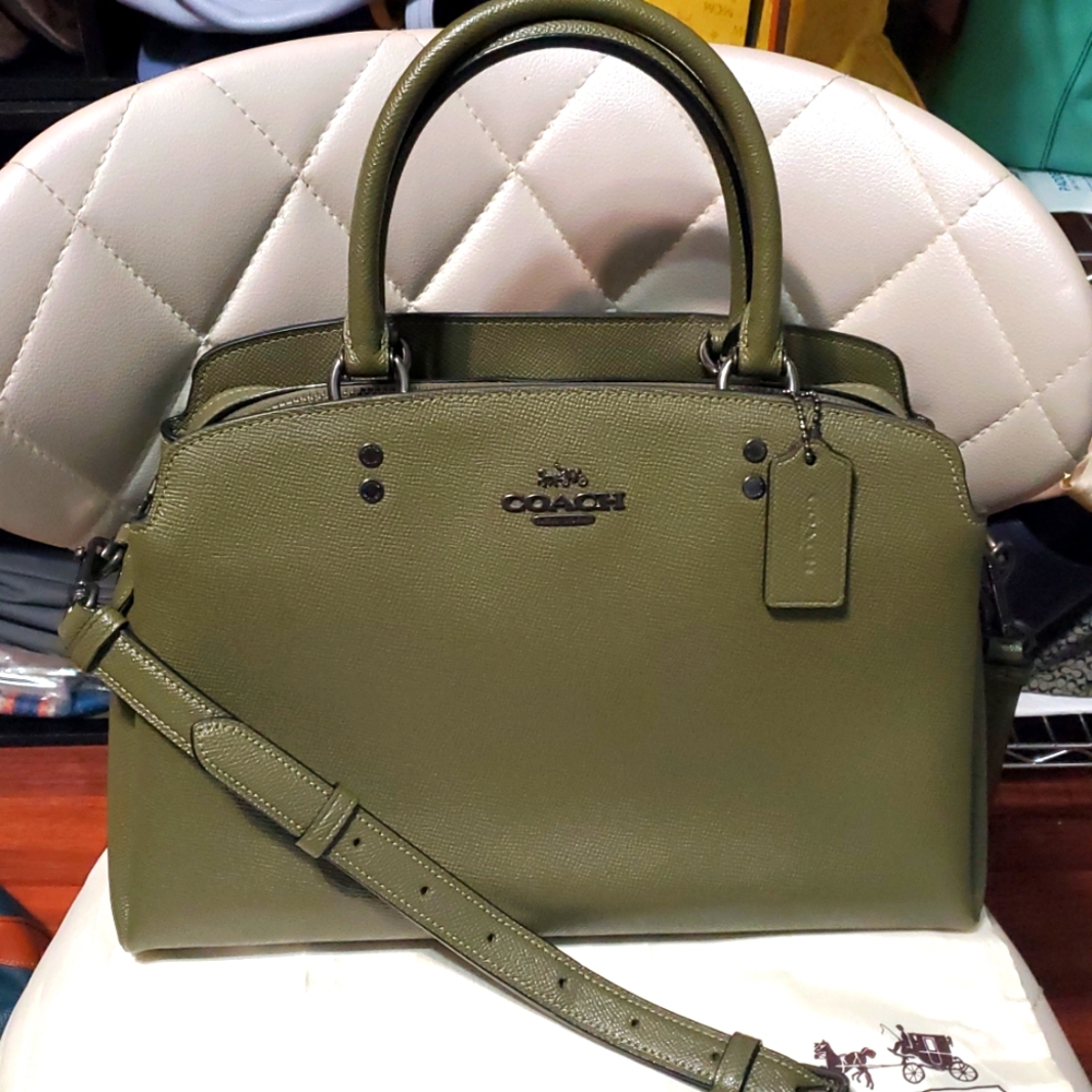 RARE Coach Lillie Carryall Olive Green Leather Satchel Bag - Picture 7 of 16